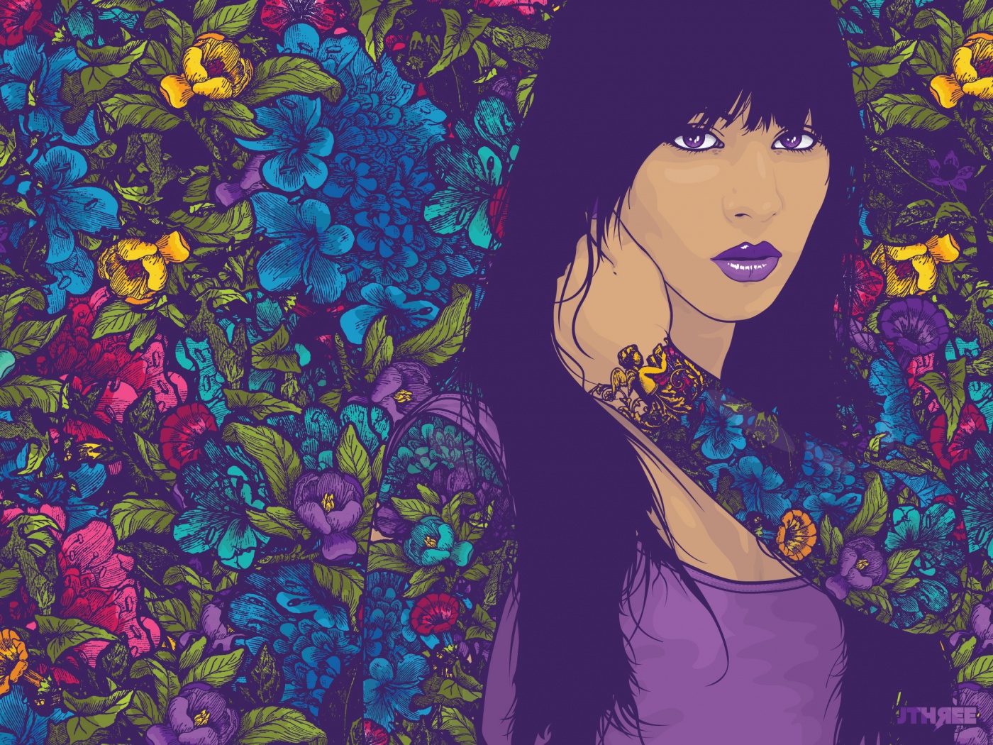 Девушка с цветочной тату обои