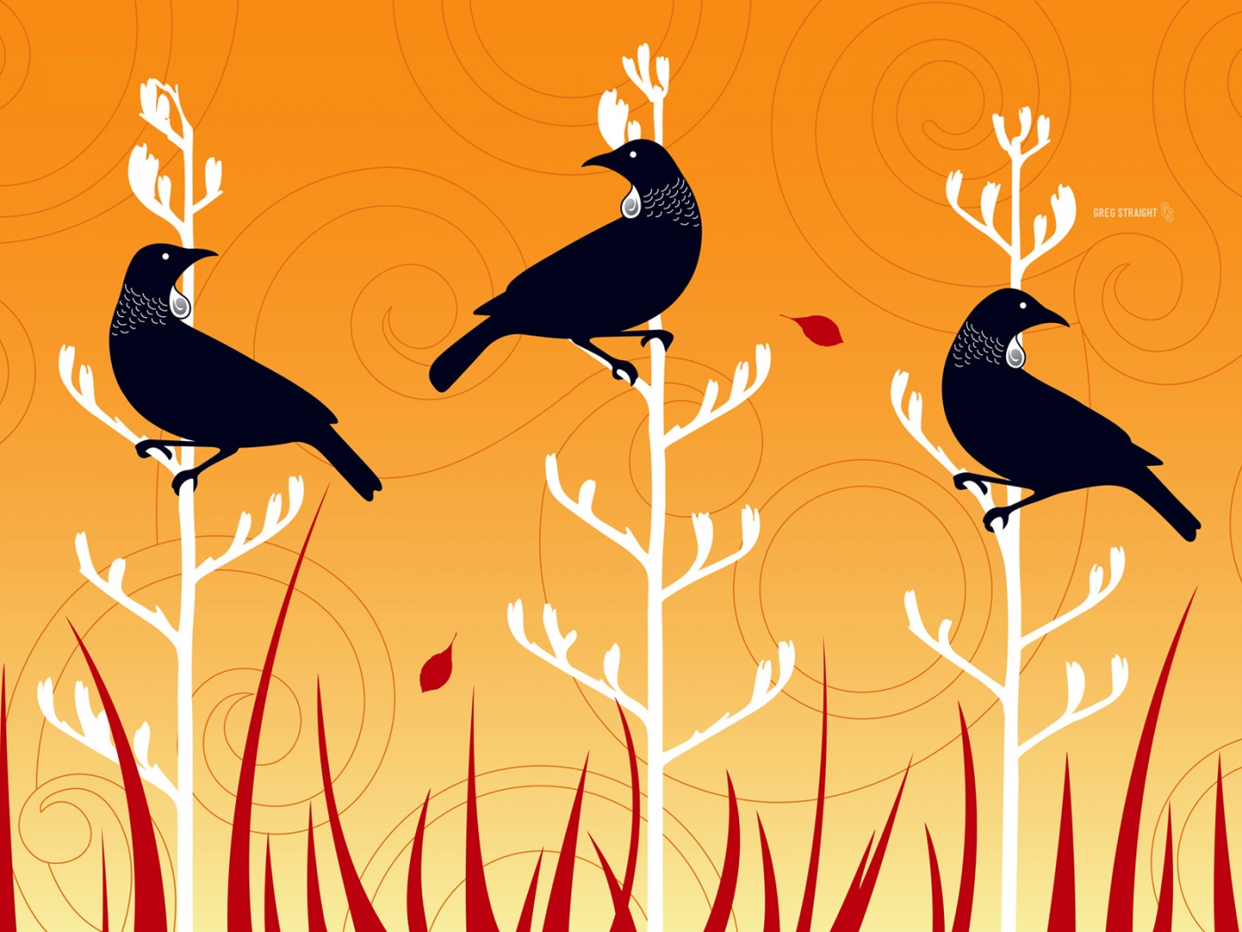 Векторные стилизованные птицы на ветках дерева обои