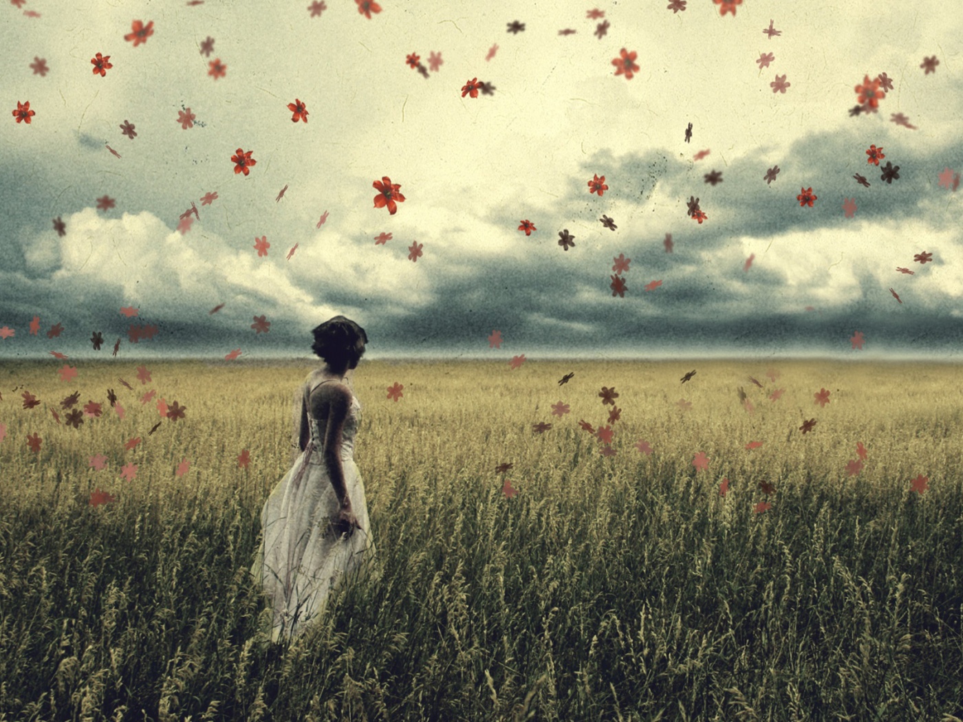 Грустная девушка в поле травы обои