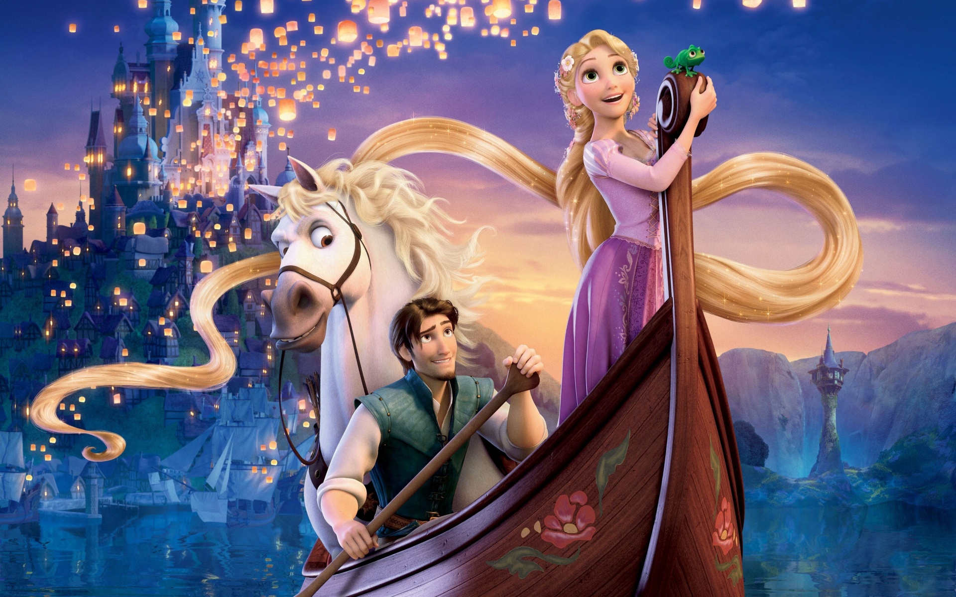 Рапунцель и Флин на лодке обои