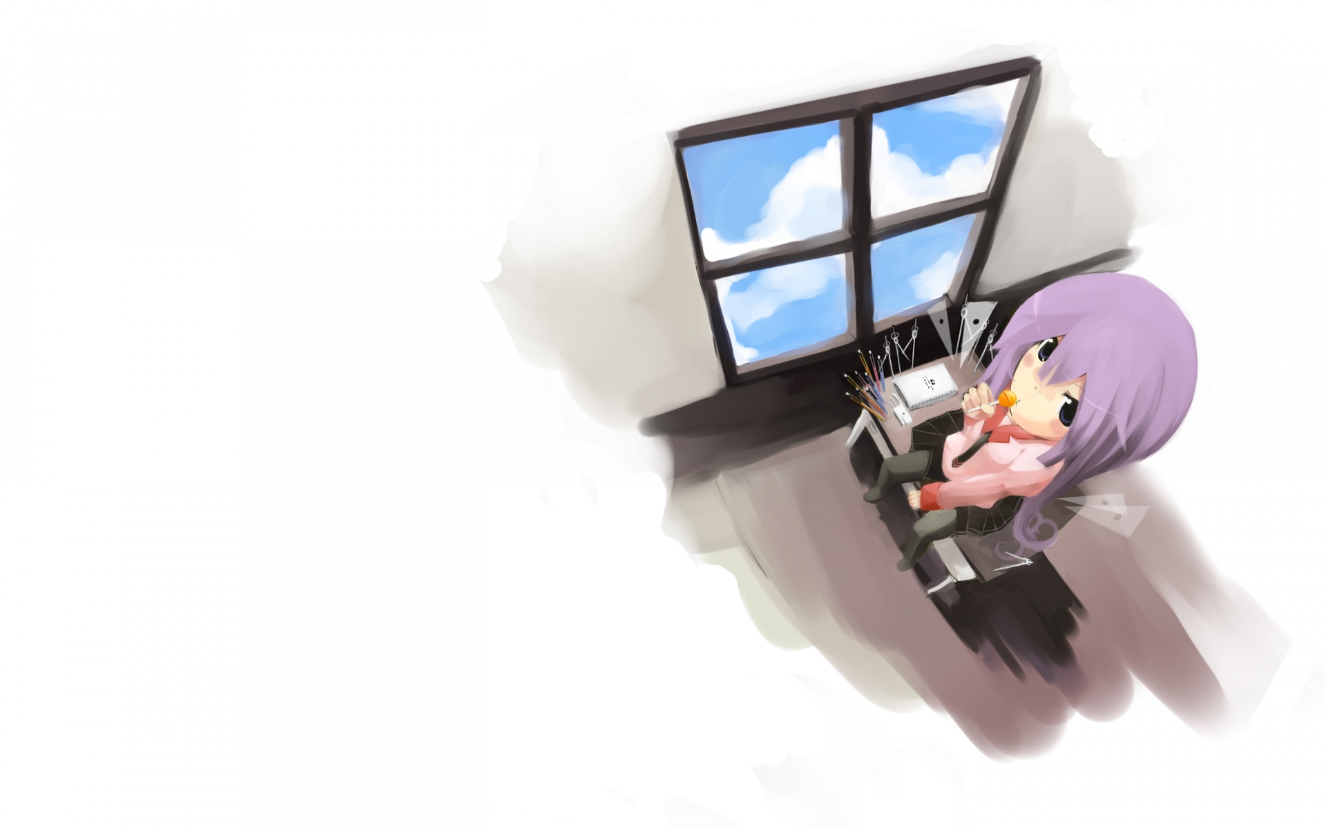 Школница с конфетой у окна обои