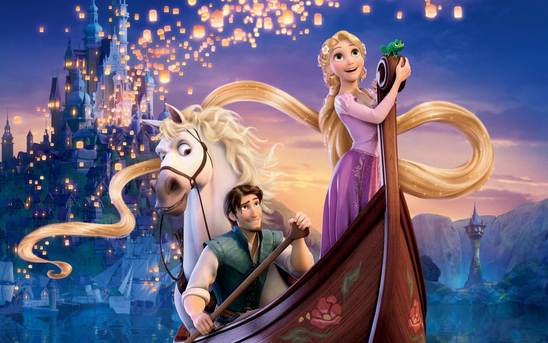 Рапунцель принц и конь в лодке обои