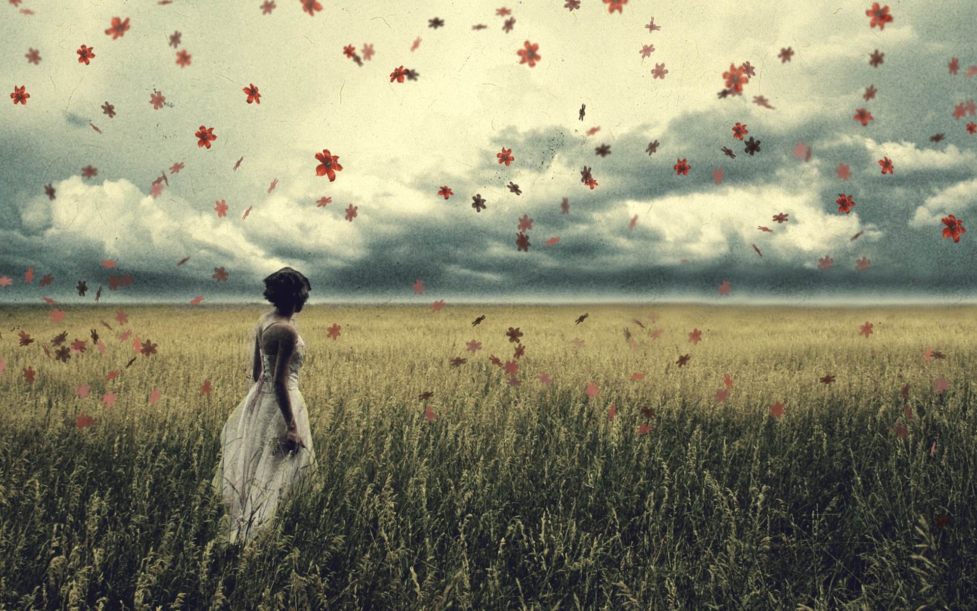 Грустная девушка в поле травы обои