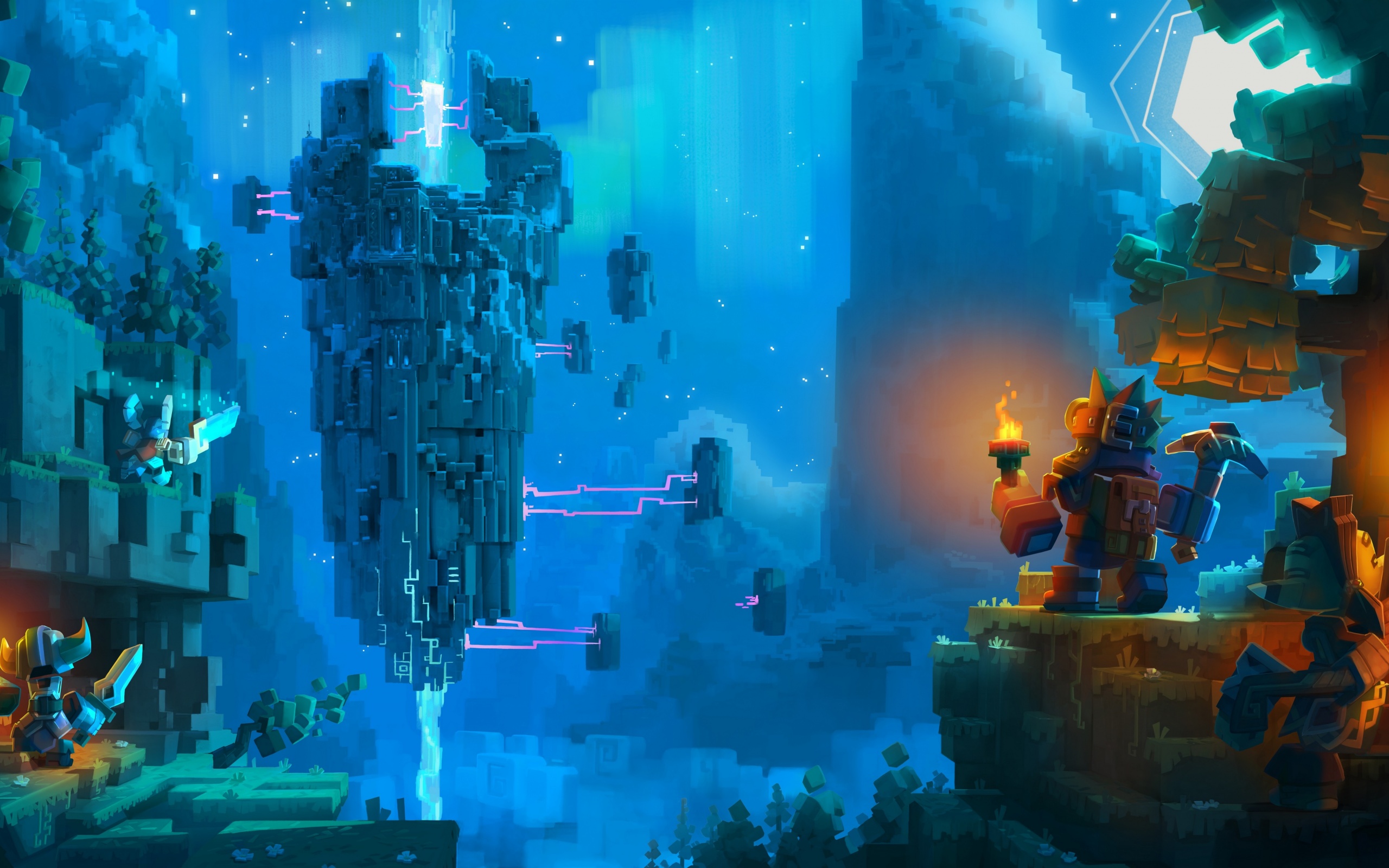 Парень с киркой и факелом смотрит в даль обои