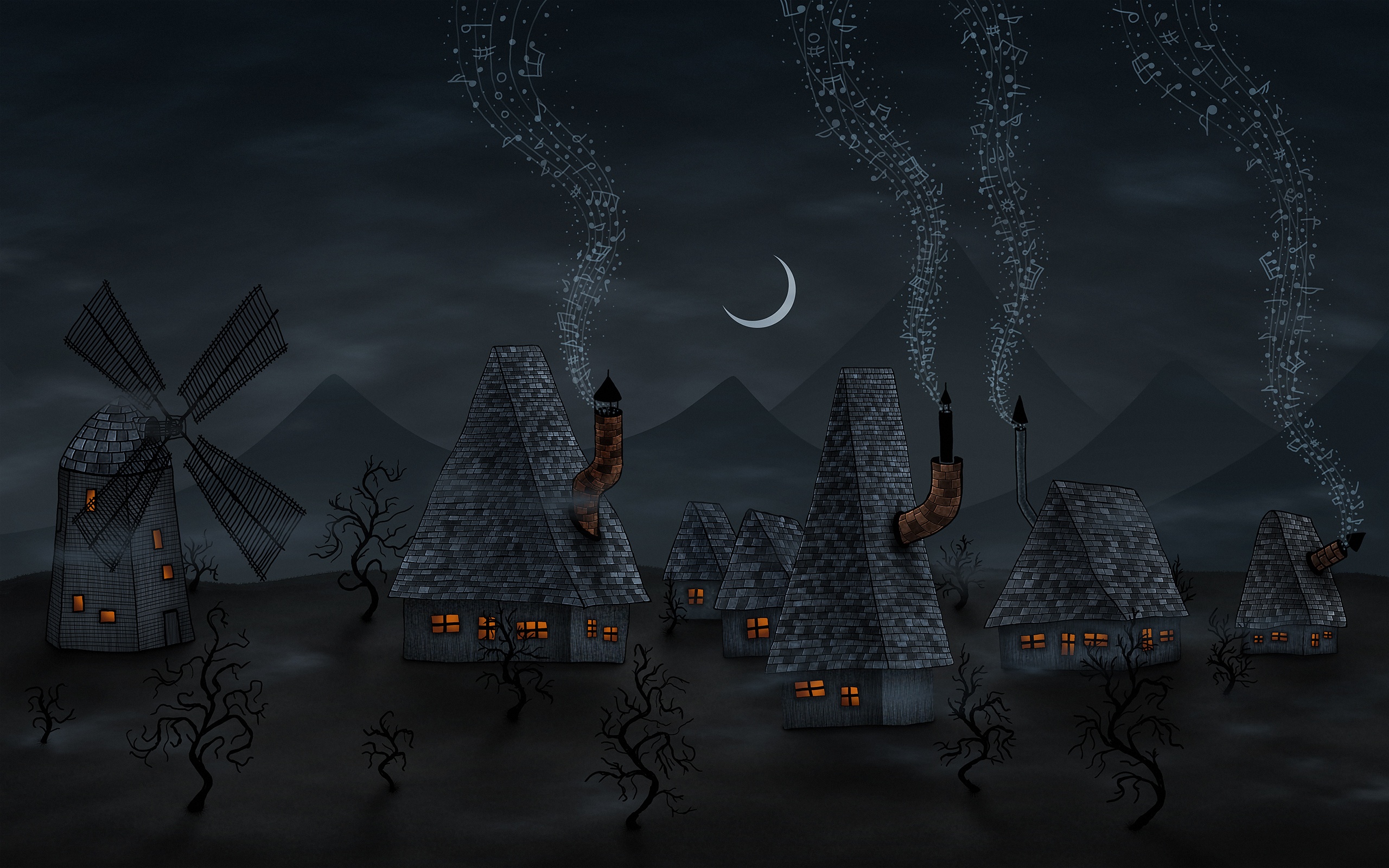 Ночная деревенька обои