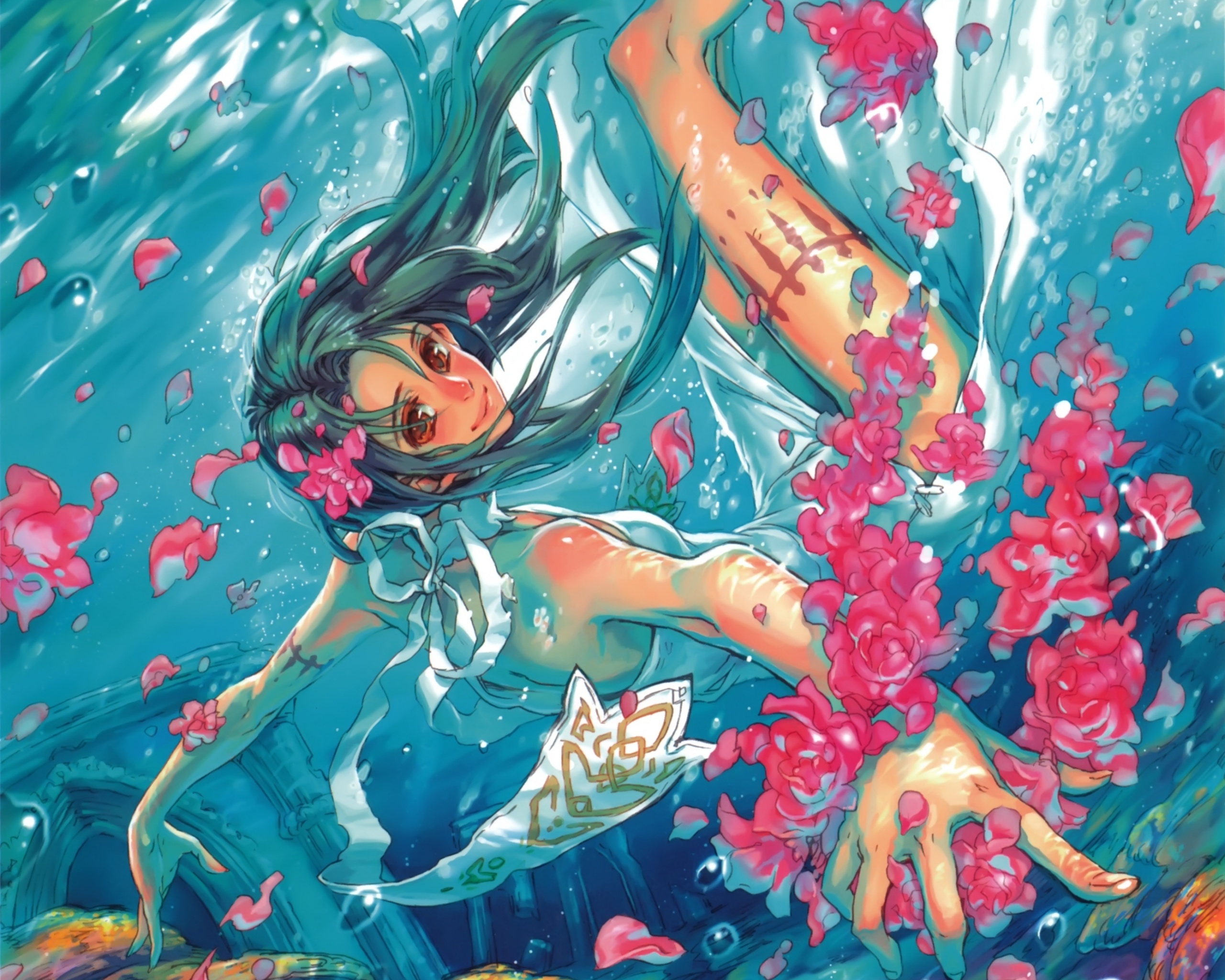 Девушка из аниме под водой обои