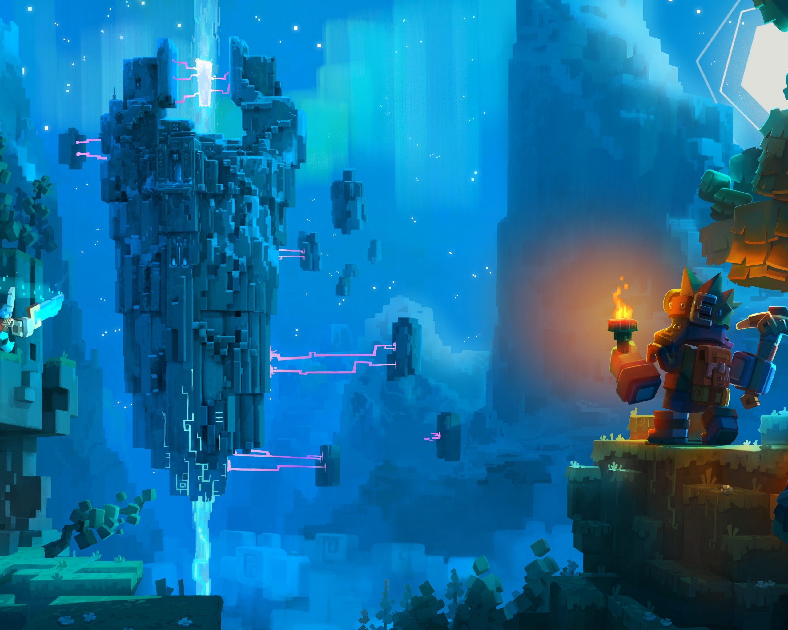 Парень с киркой и факелом смотрит в даль обои