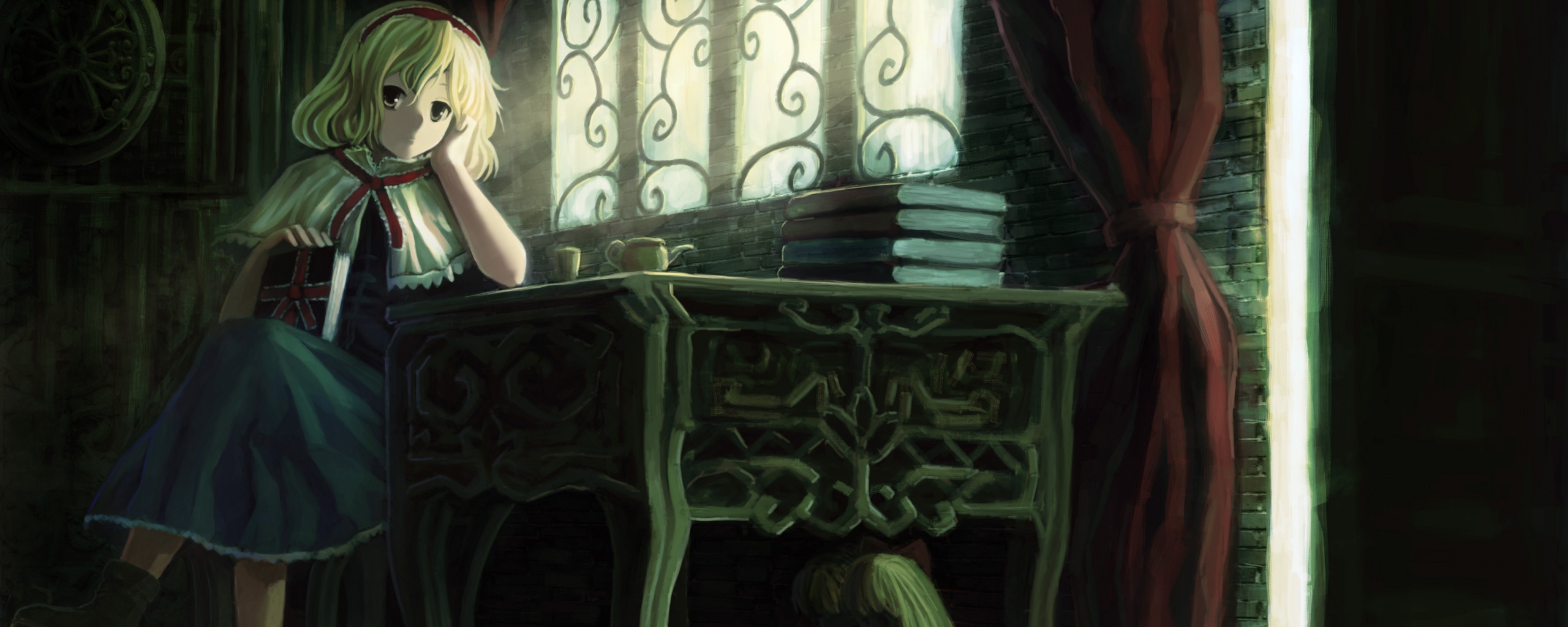 Девочка за столом с книгами обои