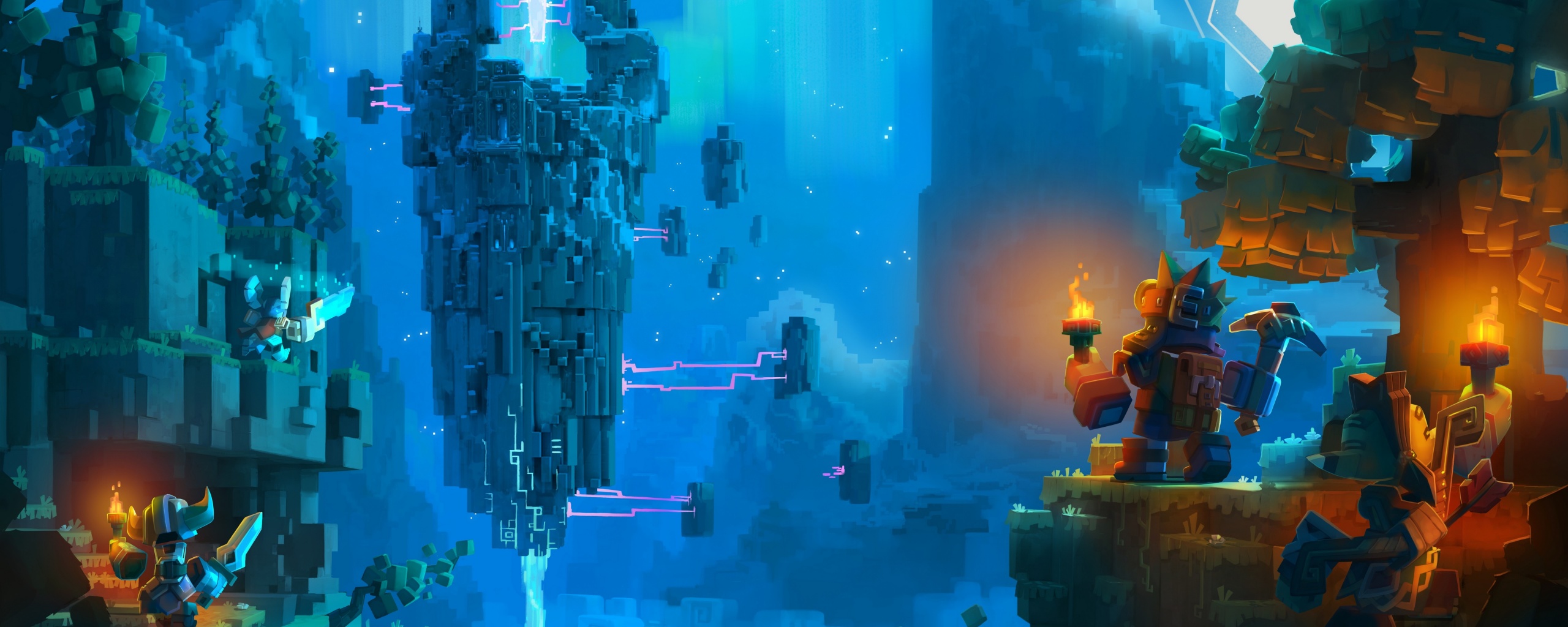 Парень с киркой и факелом смотрит в даль обои