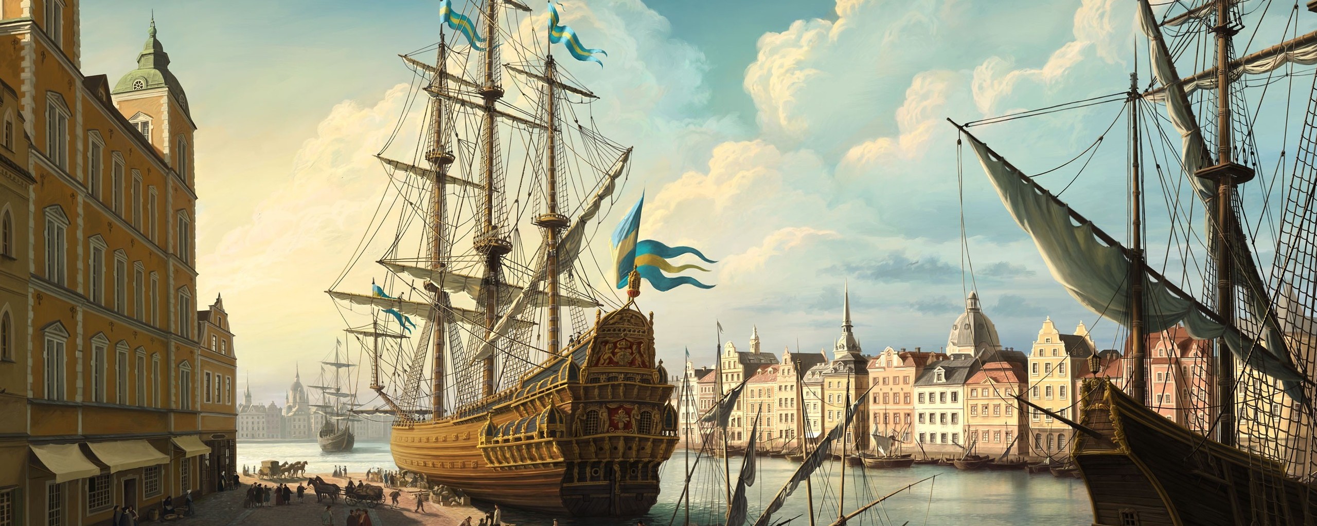 Парусник на набережной обои