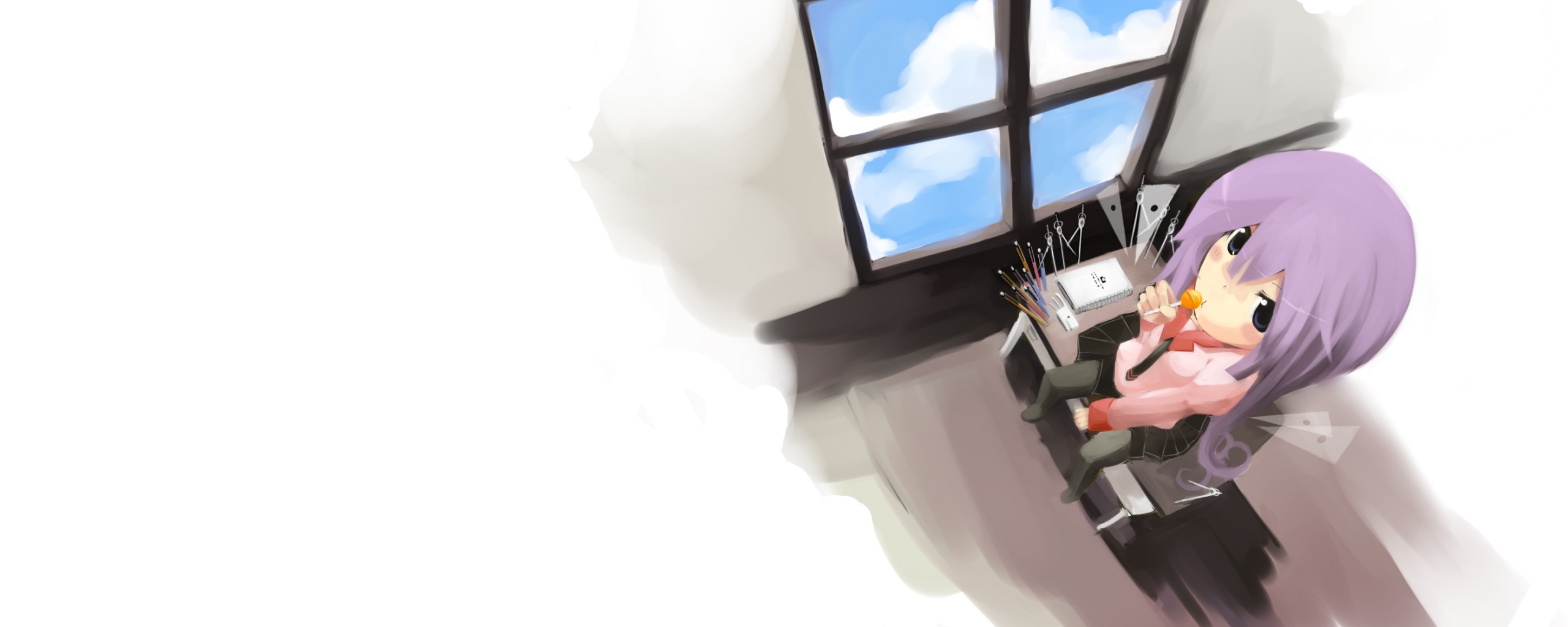 Школница с конфетой у окна обои