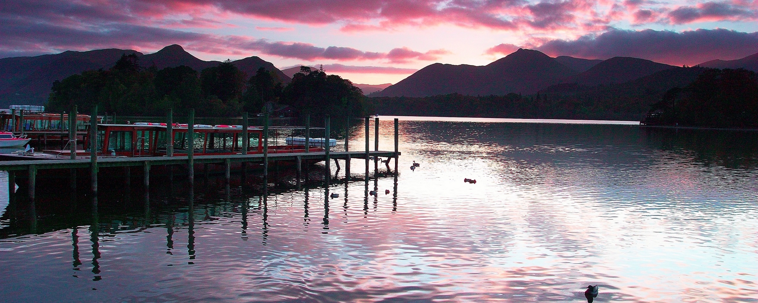 Причал на озере и утки обои