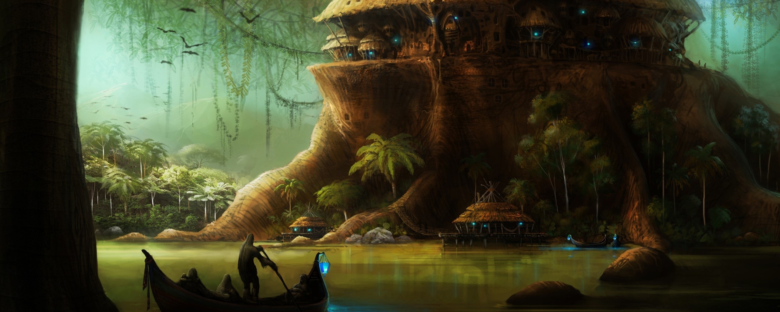 Город в стволе дерева обои