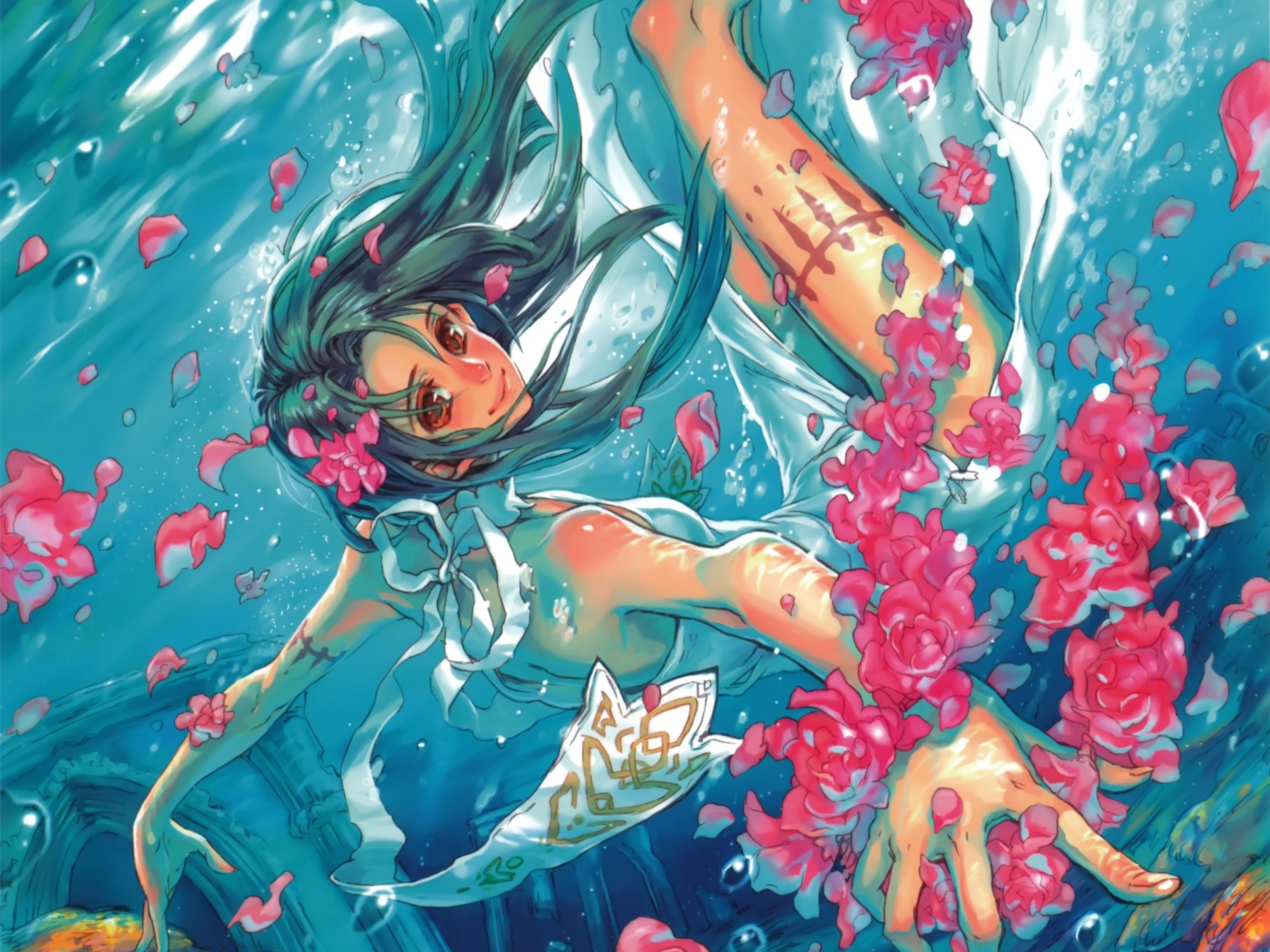 Девушка из аниме под водой обои