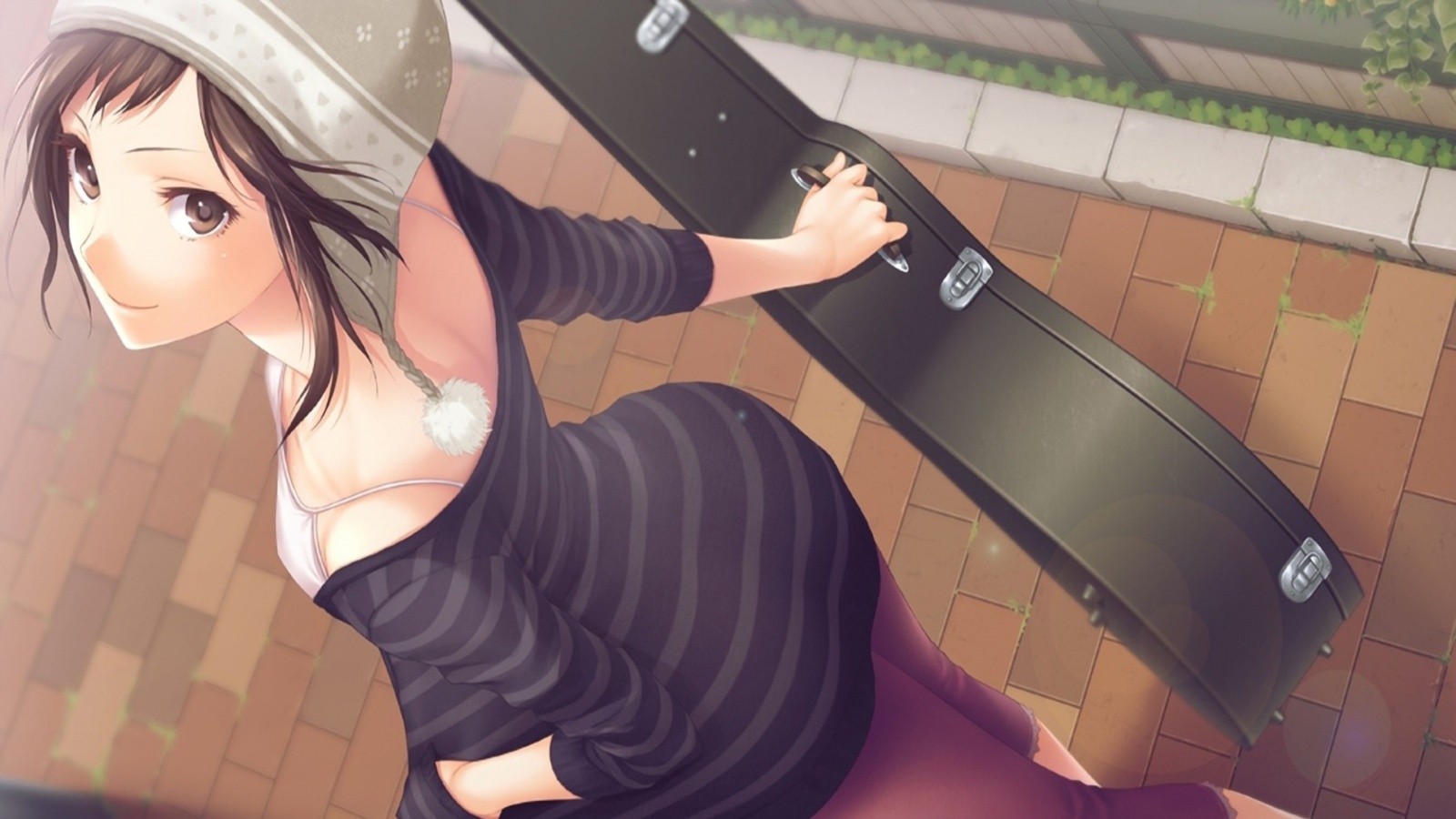 Девушка с гитарным чехлом обои