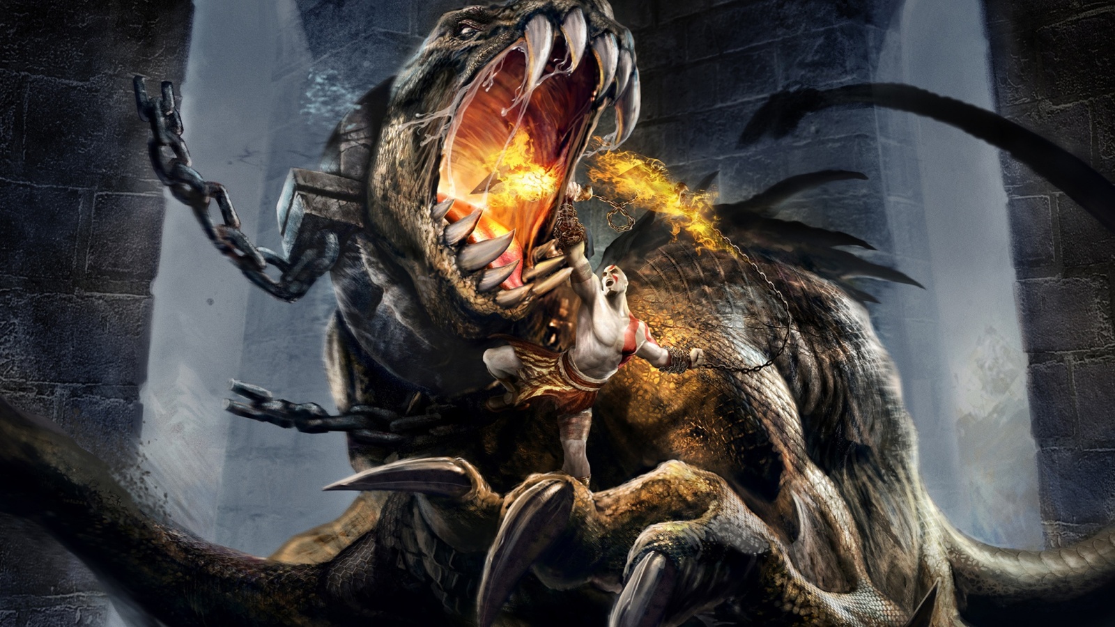 Кратос против динозавра обои