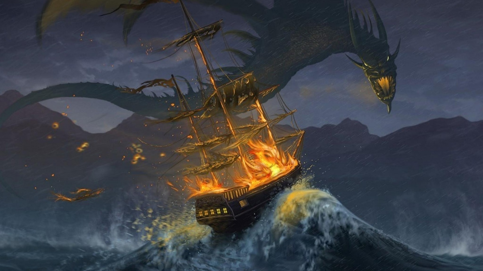 Дракон нападает на корабль обои