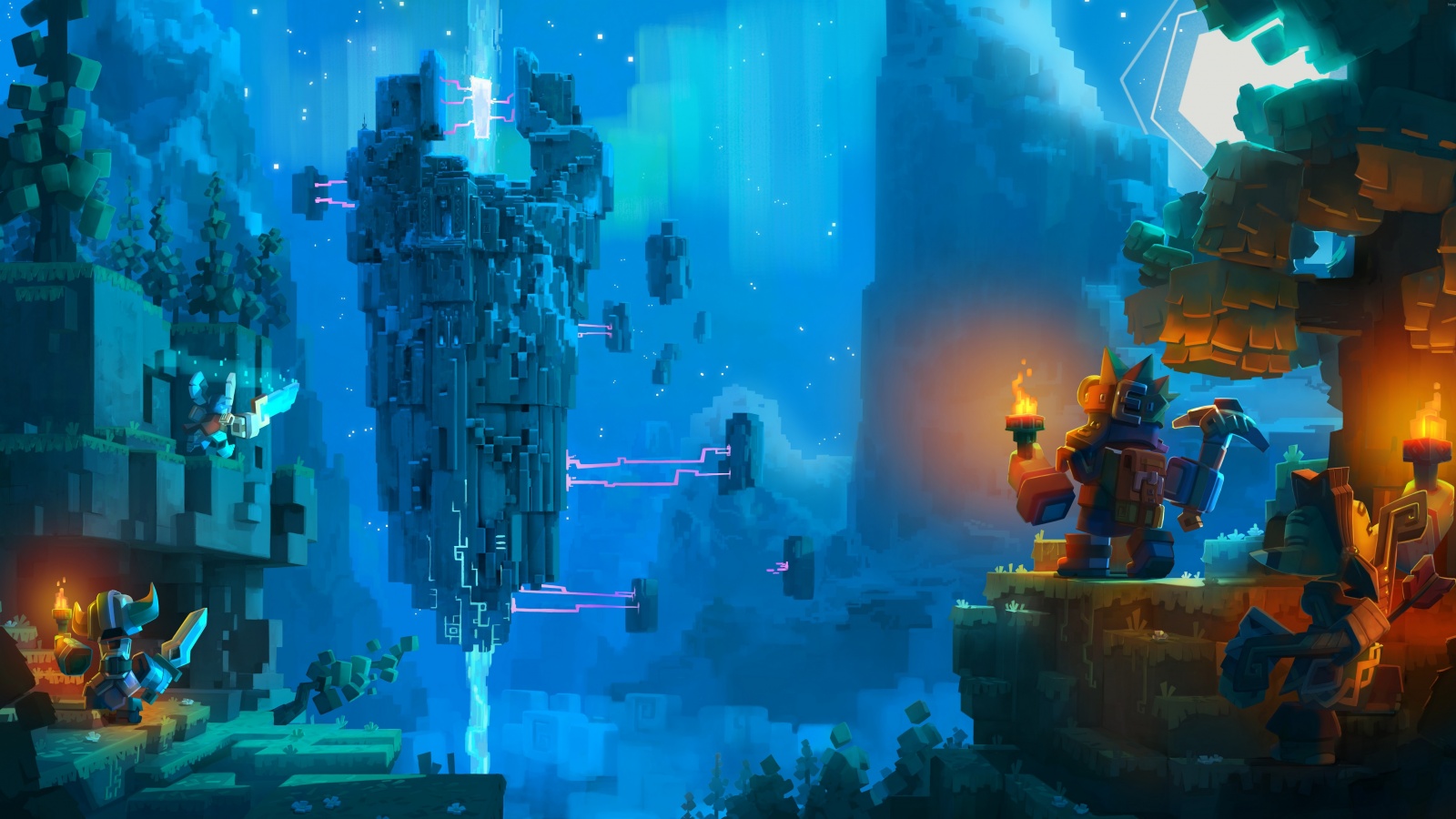 Парень с киркой и факелом смотрит в даль обои